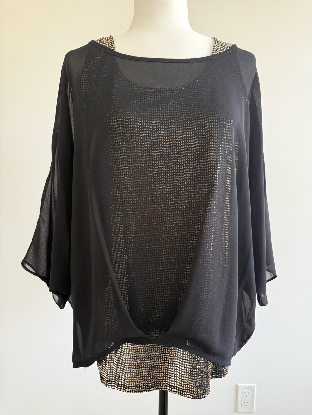 Black Sheer Overlay Blouse with Gold Metallic Tank